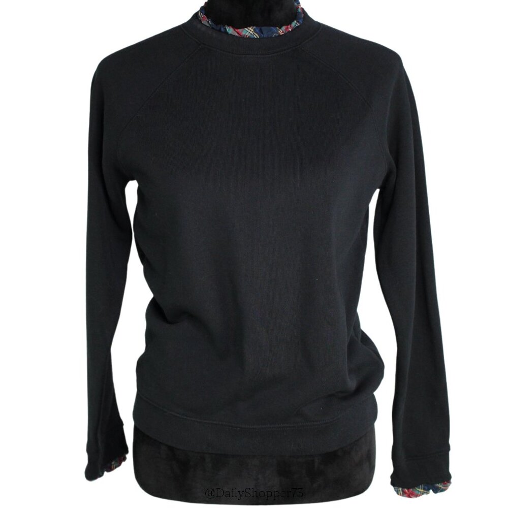 J Crew Women's Plaid Ruffle Trim Black Crew Neck French Terry Sweatshirt